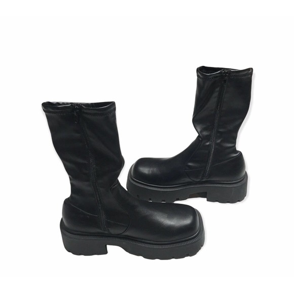 Wednesday Adams Style Boots Size 9 Black Stretch Pull Up Zip Up Chunky Boots - Picture 4 of 12
